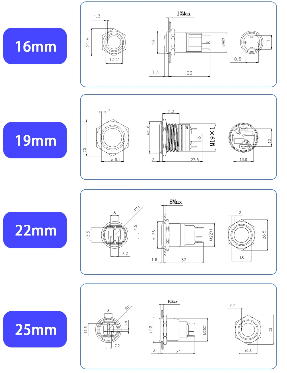 15A 1NO High Current Metal Push Button 16/19/22/25MM Self-Locking Reset LED Power Switch with Light High Power Silver Contact