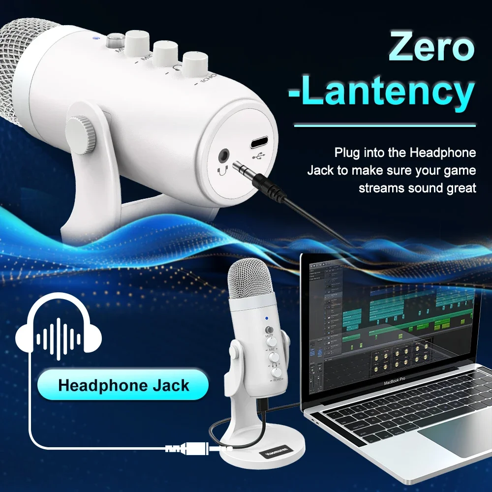 Professional White USB Condenser Microphone Studio Recording Mic for PC Computer Phone Gaming Streaming Podcast Youtube