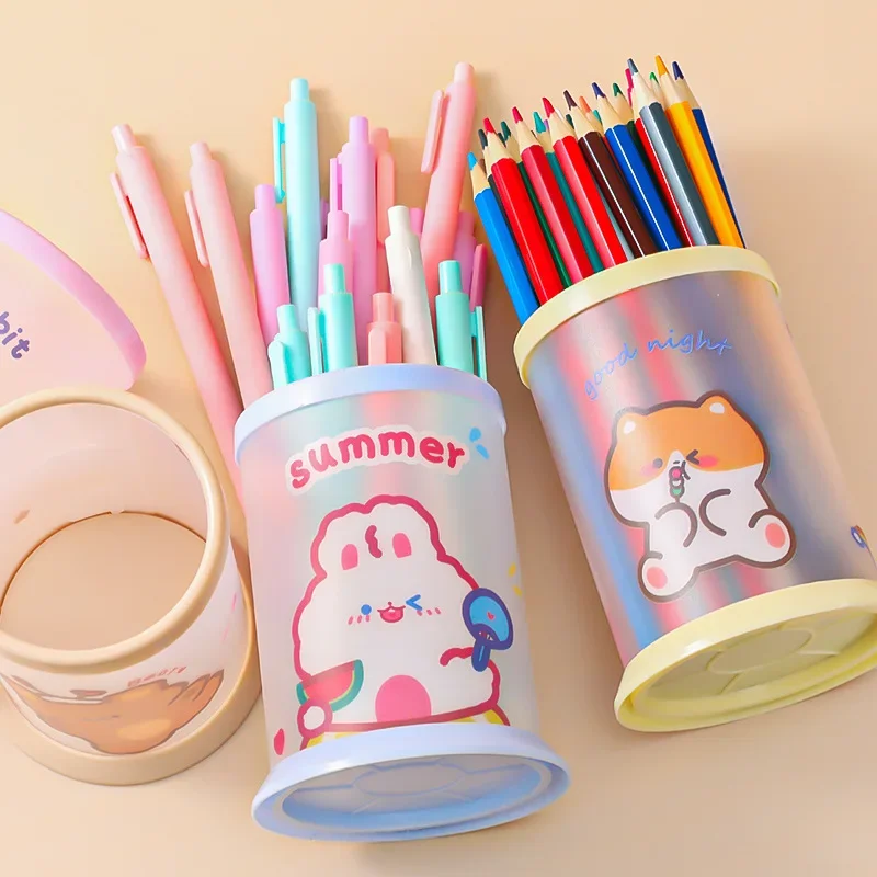 INS Cute Bear Bunny Pen Holder Kawaii Transparent Stationery Organizer Desktop Korean Cosmetics Storage Box Office Supplies