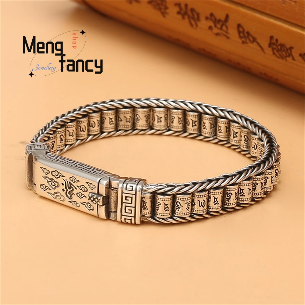 

Lulutong Bracelet Men's Hand-Woven Six-Character Mantra Roller Silver Rotating Retro Silver Chain Fashion Jewelry Exquisite