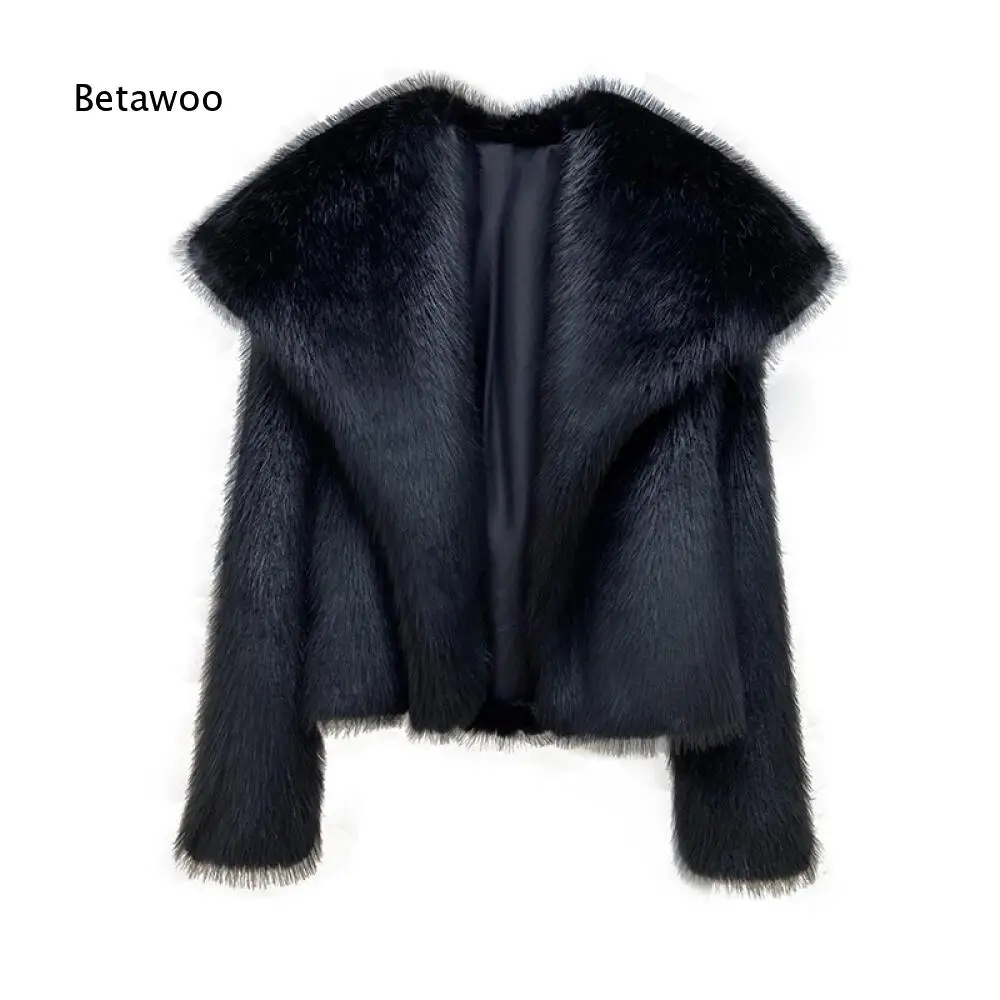 Women Fashion Black Faux Fur Cropped Winter Jacket Big Wide Notched Lapel Plush Fluffy Texture Long Sleeve Daily Outer Garment