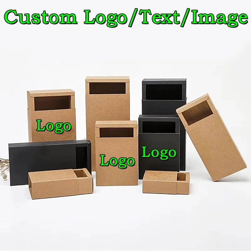 20PCS 350gsm Drawer Kraft Black Paper Fold Box DIY Logo Print Coffee Tea Jewelry Snack Handmade Wedding Party Gift Cardboard Box