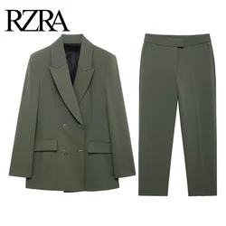 RZRA original 2024 autumn and winter new women's double-breasted lapel long-sleeved suit jacket high waist slim casual trousers