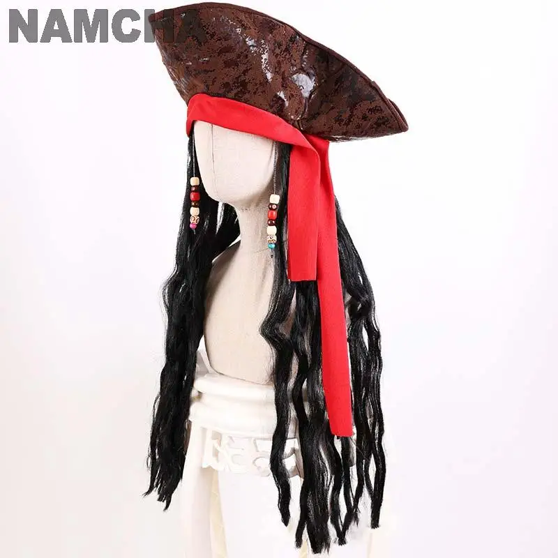 Peluca de pirata de capitán Jack Sparrow, sombrero de Cosplay de pelo largo negro y rizado, gorro de pirata para adultos, rendimiento de escenario, accesorios de disfraz de Halloween