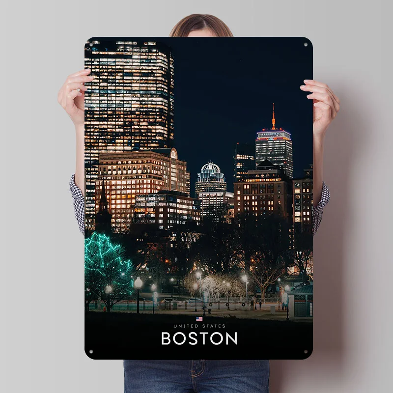 Boston Cityscape At Night Printed Poster Customized Wall Art Retro Vintage Metal Tin Signs for Mancave Decoration Gaming House
