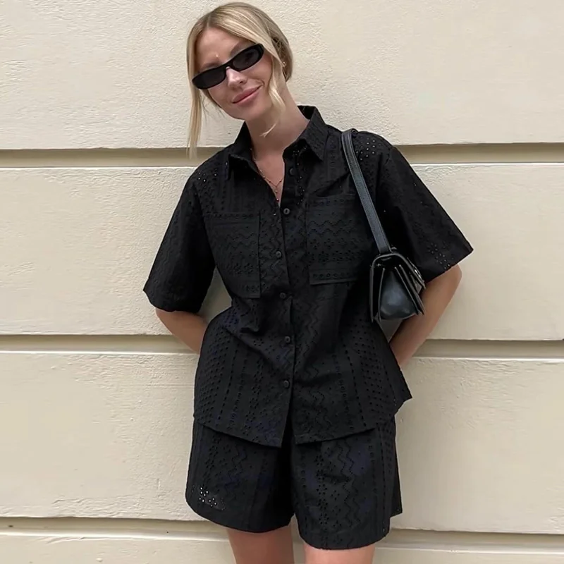 

Черные комплекты из двух предметов для женщин, летние шорты, брюки, повседневные рубашки, дышащие черные кружевные наряды для отдыха, спортивные костюмы