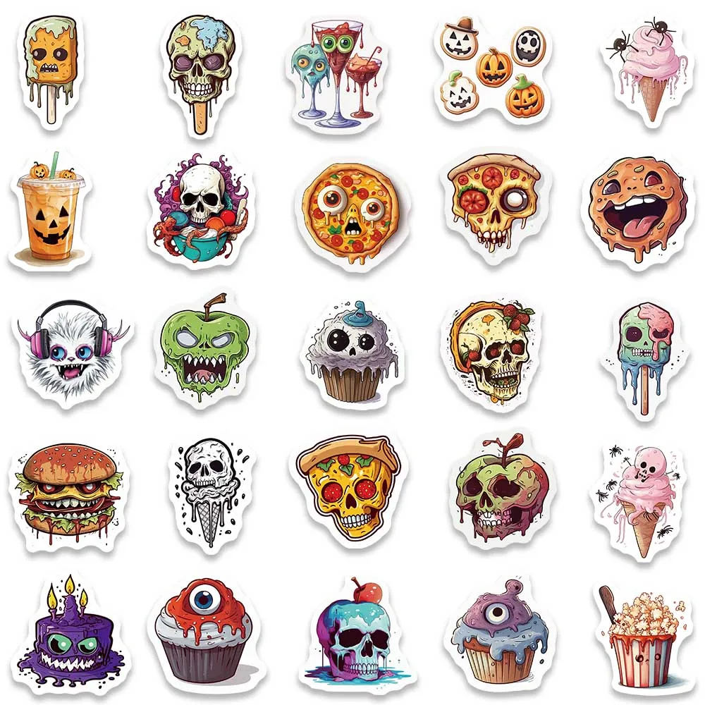 Halloween cartoon stickers, horror, comida, laptop, telefone, bagagem, guitarra, bicicleta, carro, decalques de vinil, impermeável, 50pcs