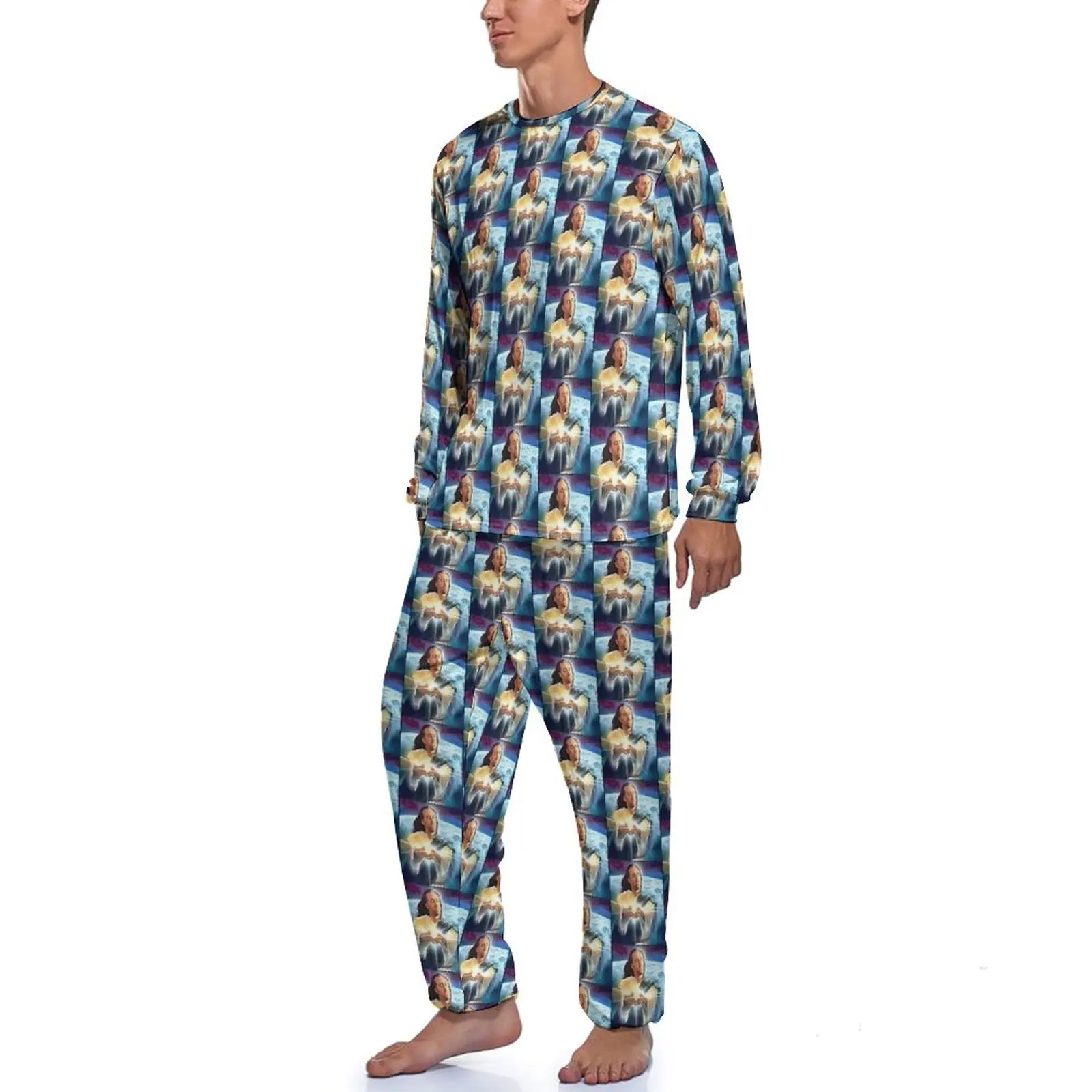 Jesus Nicholas Cage Pyjamas mit langen Ärmeln, zweiteilige Zimmer-Pyjama-Sets, tägliche Herren-Nachtwäsche, individuelle coole Nachtwäsche