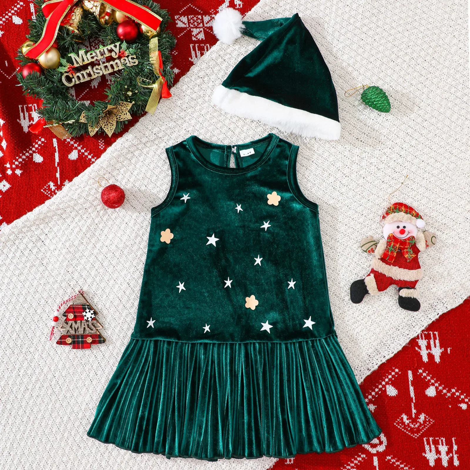 

1-6Y Children Clothes 2025 New Christmas Girls Velvet Sleeveless Dress with Star & Flower Prints + Santa Hat