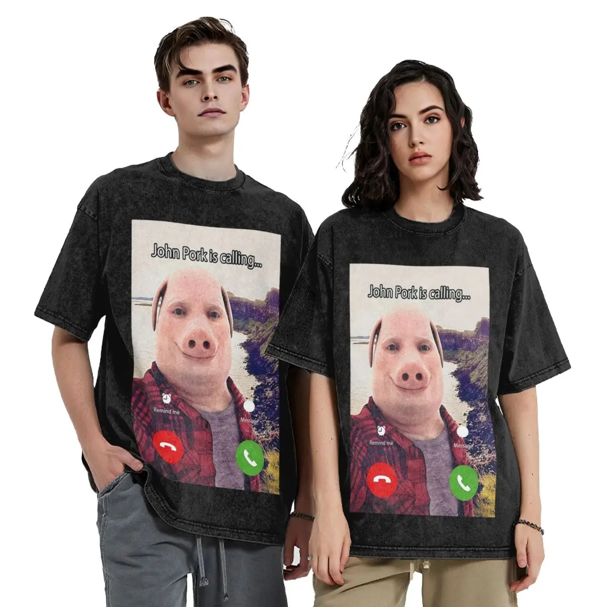 John Pork Is Calling Answer Call Phone Washed T Shirts Vintage Short Sleeve Hip Hop T-Shirt Streetwear Tops Tees for Men Women