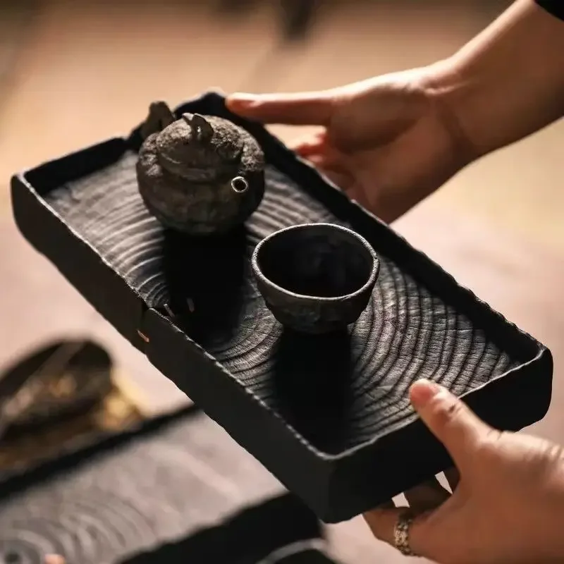 Solid Wood Carbonized Dry Foam Table Handmade Rectangular Wooden Tea Tray Wabi-Sabi Style Tea Holder Japanese Dry Foam Tray