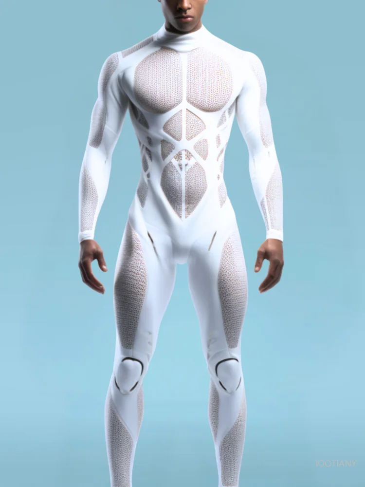 Halloween Costume Men's Full Body Tights Carnival Party Cyber Robot Print Tights Stage Performance Tight Stretch Jumpsuit