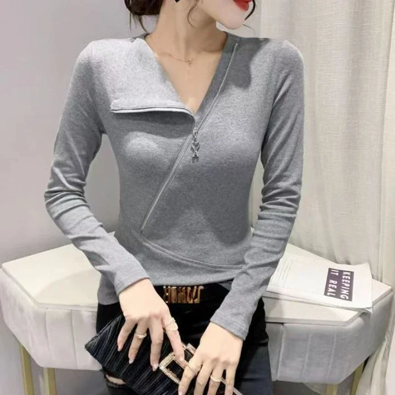 Modal Screw Thread Irregularity Long Sleeve T-shirt Female Autumn Western Style Look Slimmer Zipper Top All-match Base Shirt