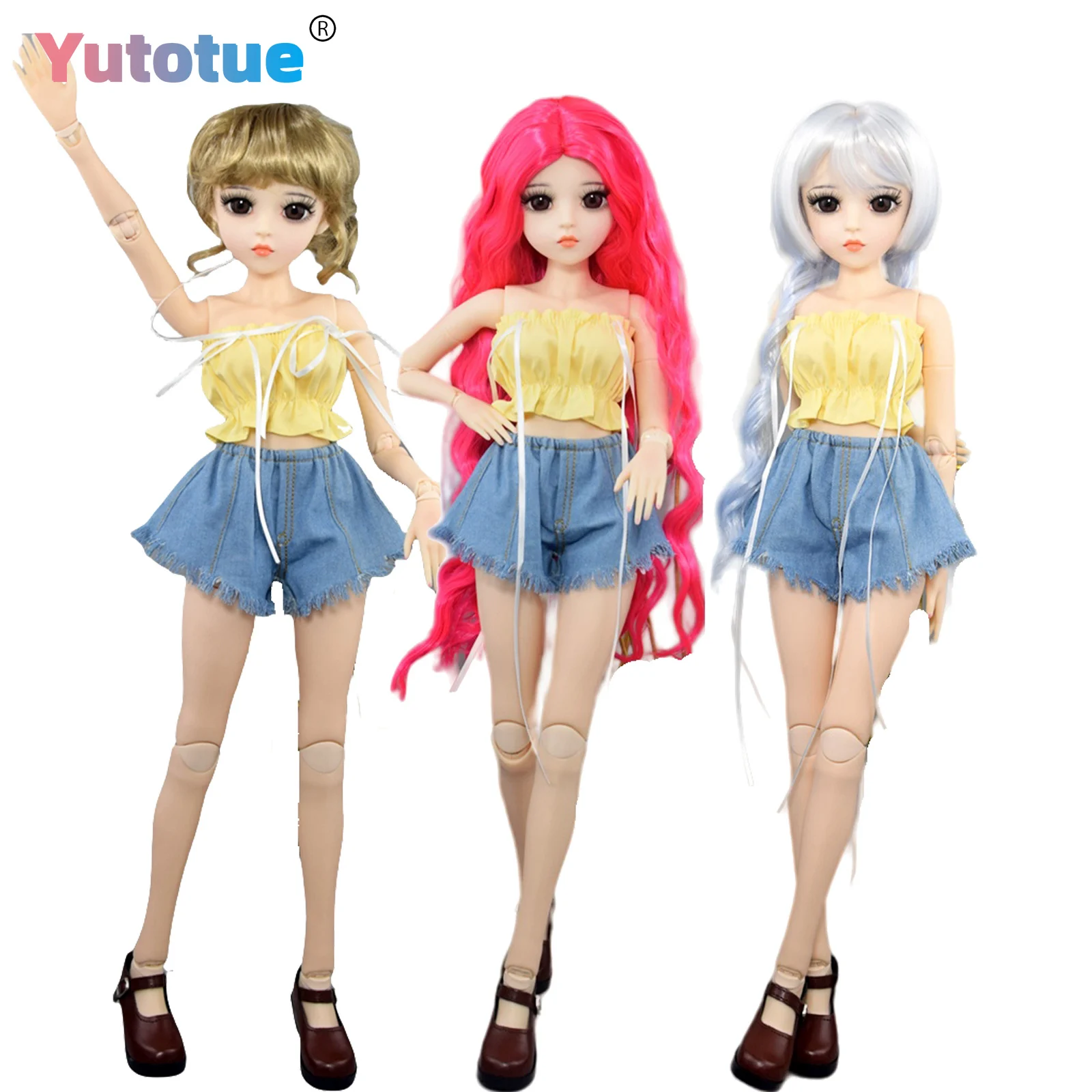 YUTOTUE 60cm Height Girl Doll Toy 18 Joints Body with Top Short Pants Shoes Hair Wigs Full Set Kids Gift