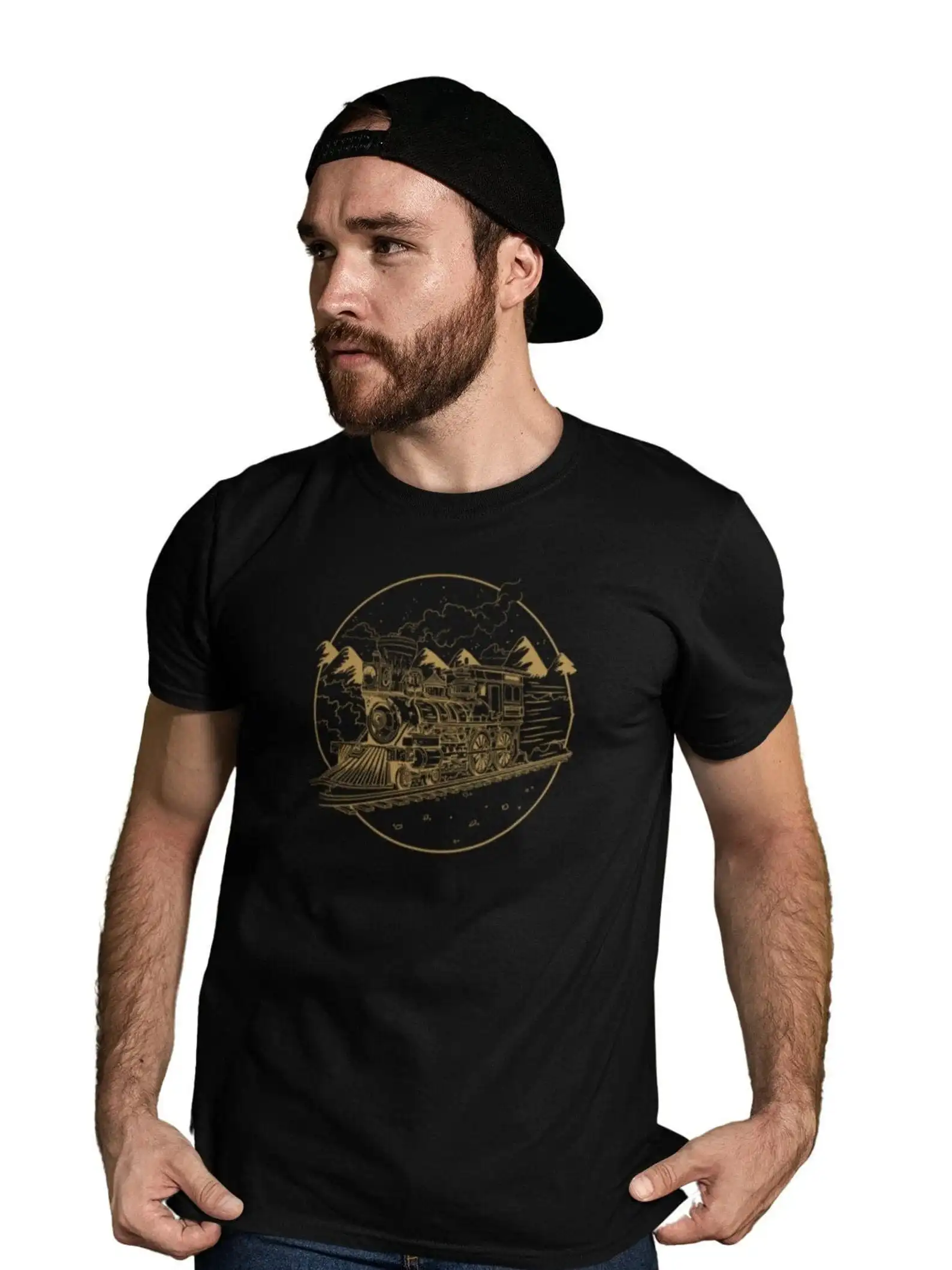 Men's T shirt Locomotive Man Train Steam Travel Logo Retro Conductor