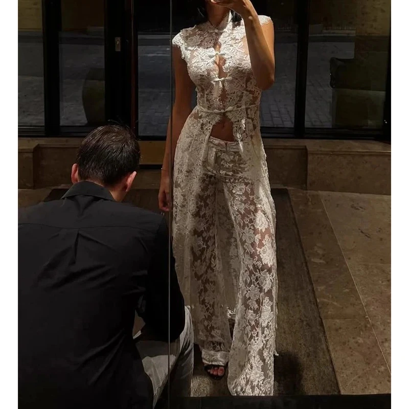 Women's 2Piece Sheer Lace Outfit Set Mandarin Collar Sleeveless Hollow Top Long Cover Up Wide Leg Pants Party Club Suit