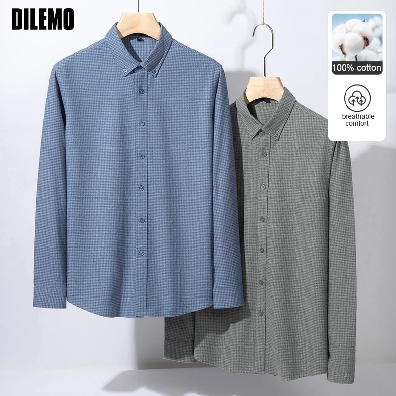 

Top Grade 100% Cotton Wrinkle-free Easy-care Men Shirt Long Sleeve Breathable Button Down Checkered Slim Business Casual Tops
