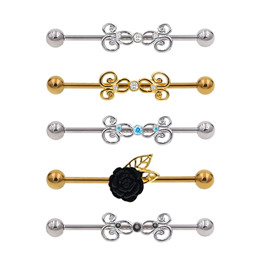 1Pc Rose Flower Elegant Style 14G 38mm Stainless Steel Barbell with Synthetic zirconia Butterfly- Hypoallergenic Industrial Barb