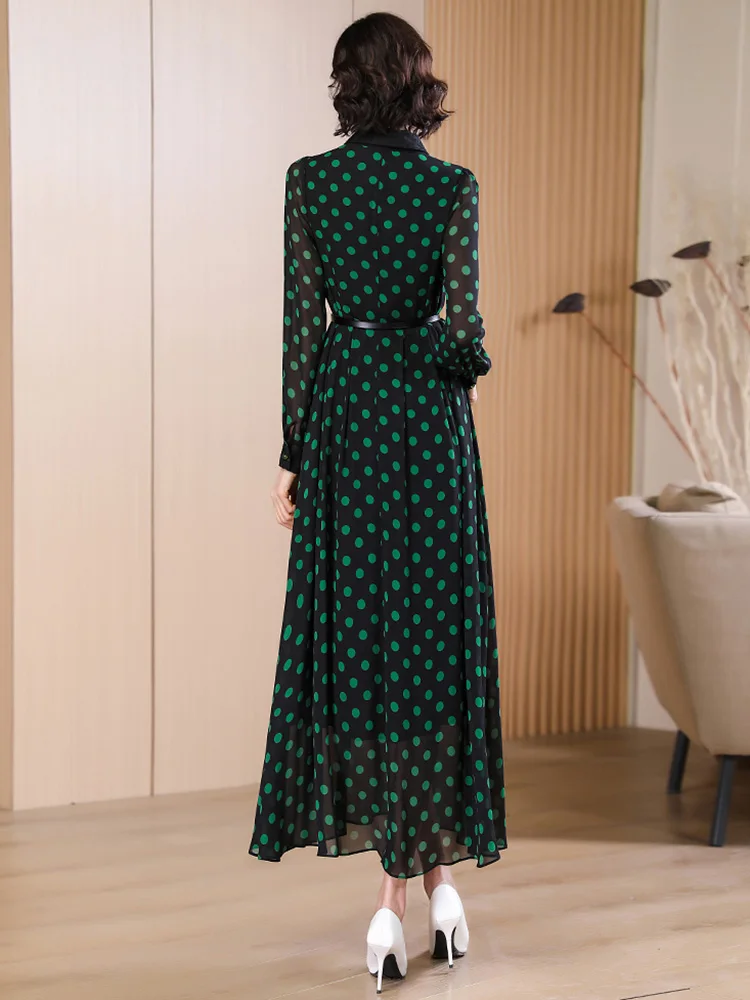 New Women Spring Summer Long Shirt Dress Fashion Turn-down Collar Long Sleeve Polka Dot Dress Elegant Slim Overlength Dress