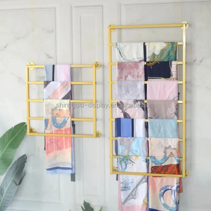 custom.Retail Store Commercial Shiny Gold Metal Stainless Steel Fabric Scarf Towel Display Wall Mounted Rack