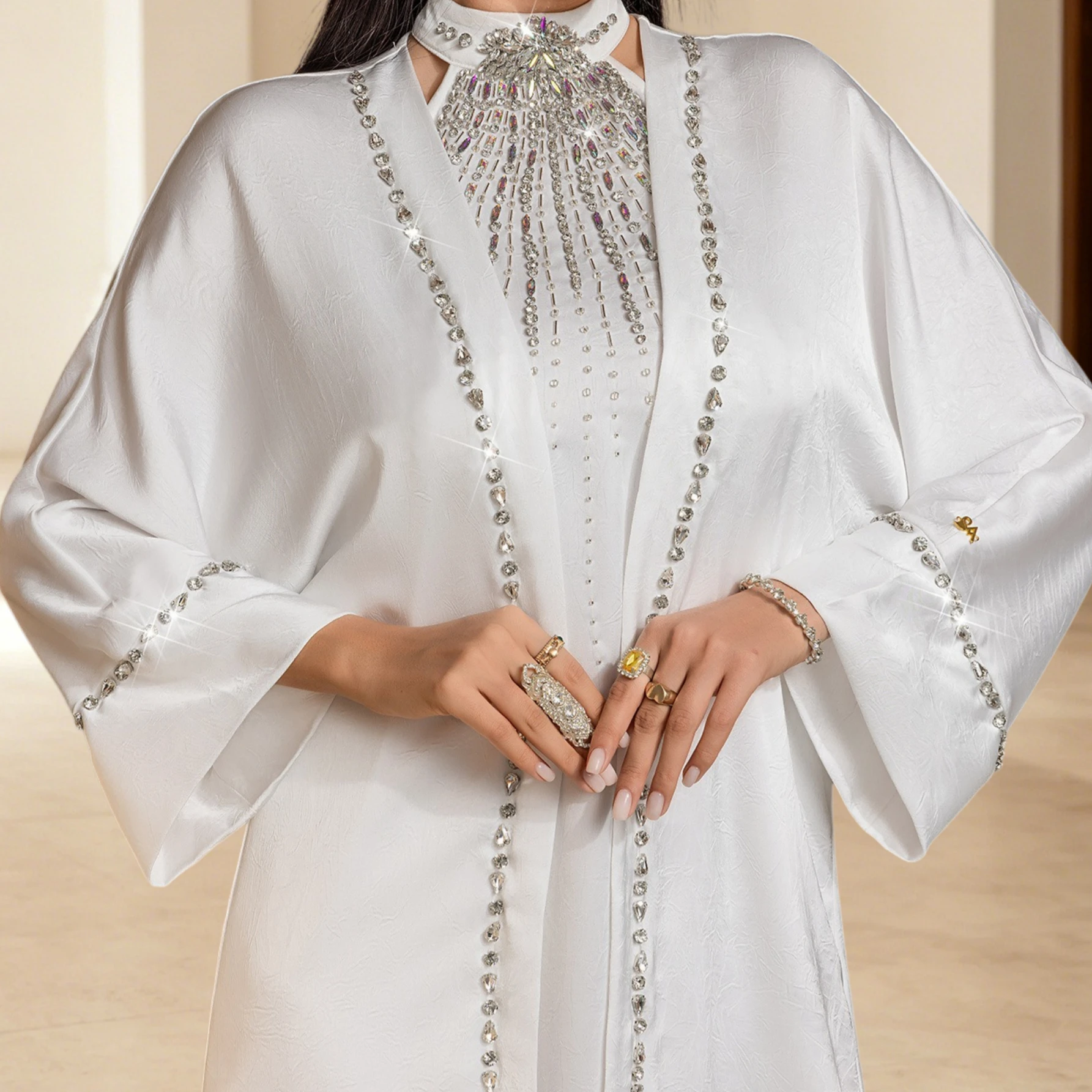Women's Elegant White Abaya Two-Piece Set, Rhinestone Embellished Halter Neck Maxi Dress with Open Front Cape