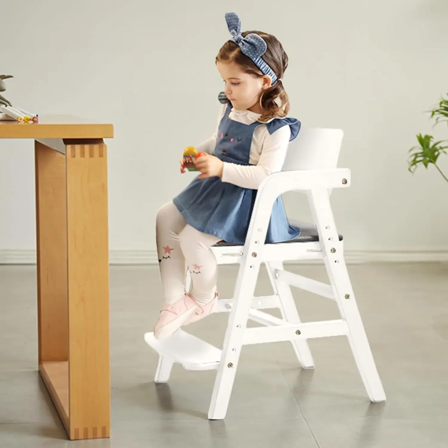 Solid Wood High Chair Adjustable Height Removable Pu Cushion Dining Chair Step Stool For Toddlers Teens Dining Studying Cleaning
