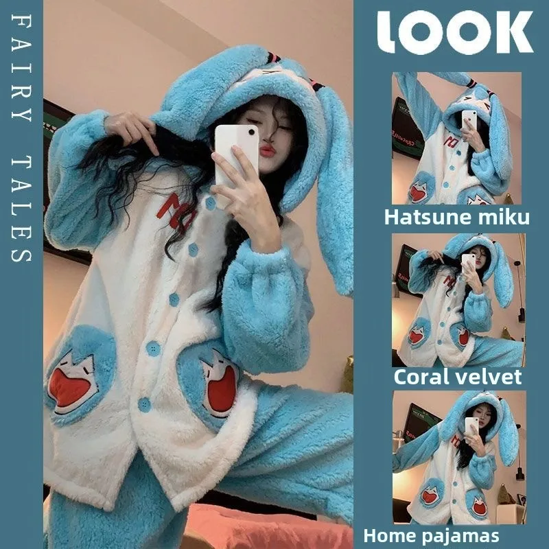 女性のための漫画のフランネルパジャマ暖かい家庭服厚手の服青ふわふわ初音ミクカワイイ秋冬