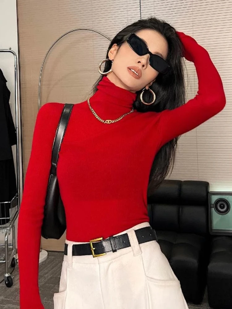 

Red High Collar Knitted Sweater Base Layer Women's New Style Spring Autumn Outerwear Fashionable Unique Inner Match Winter