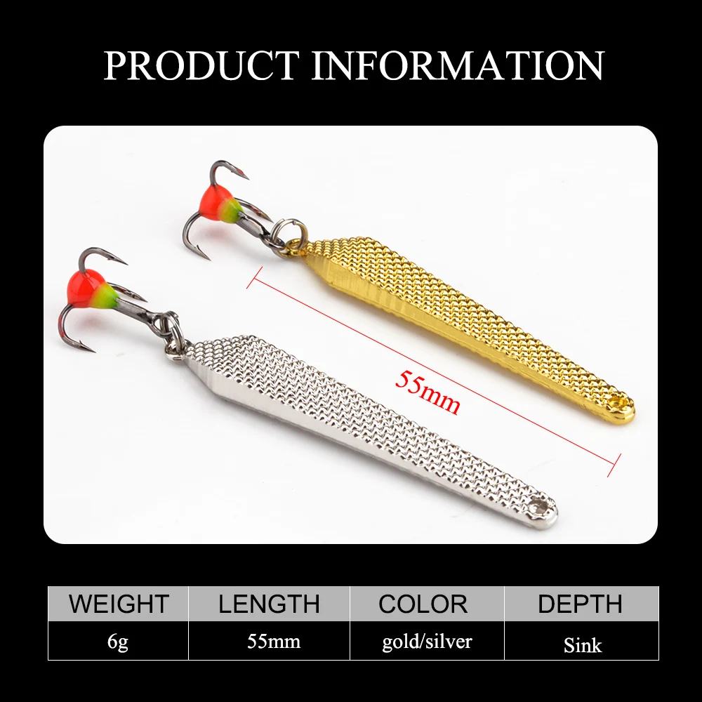 FISH KING Winter Ice Fishing Lure 6g/55mm oro argento metallo cucchiaio esca dura con amo triplo per la pesca di pesce persico e luccio