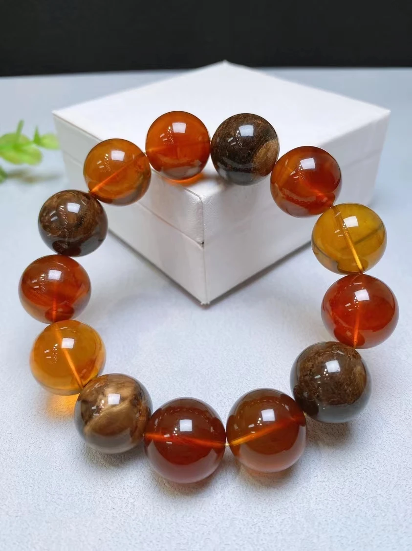 18mm Natural Colorful Amber Red Amber Clear Round Beads Bracelet Women Men Stretch Crystal Round Amber Bracelet Jewelry AAAAA