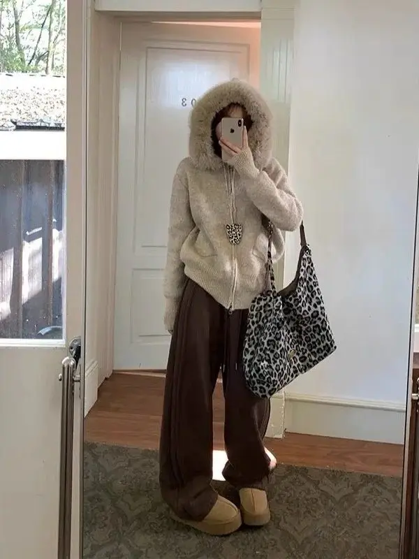 Fur Collar Loose Hooded Top For Women Autumn Lazy Korean Style Knitted Cardigan Sweater 2025 Thicked Warm Women's Clothing