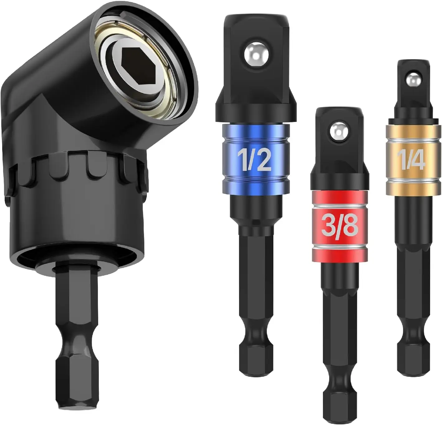 4Pcs Impact Driver Socket Adapter Set 1/4 3/8 1/2" Universal with Right Angle Drill 105° Screwdriver Hex Bit Extension view 6