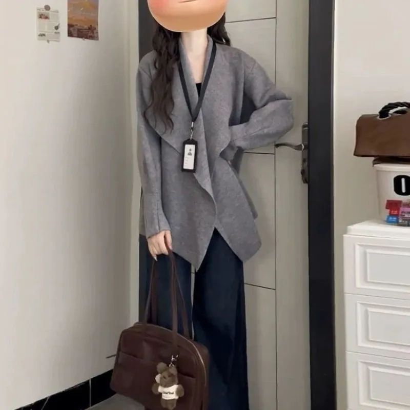 المرأة الخريف الشتاء الفرنسية رشيقة بدوره إلى أسفل طوق سترة سترة سيدة الموضة معطف أسود متماسكة مع حزام الخصر سترات جديدة #6