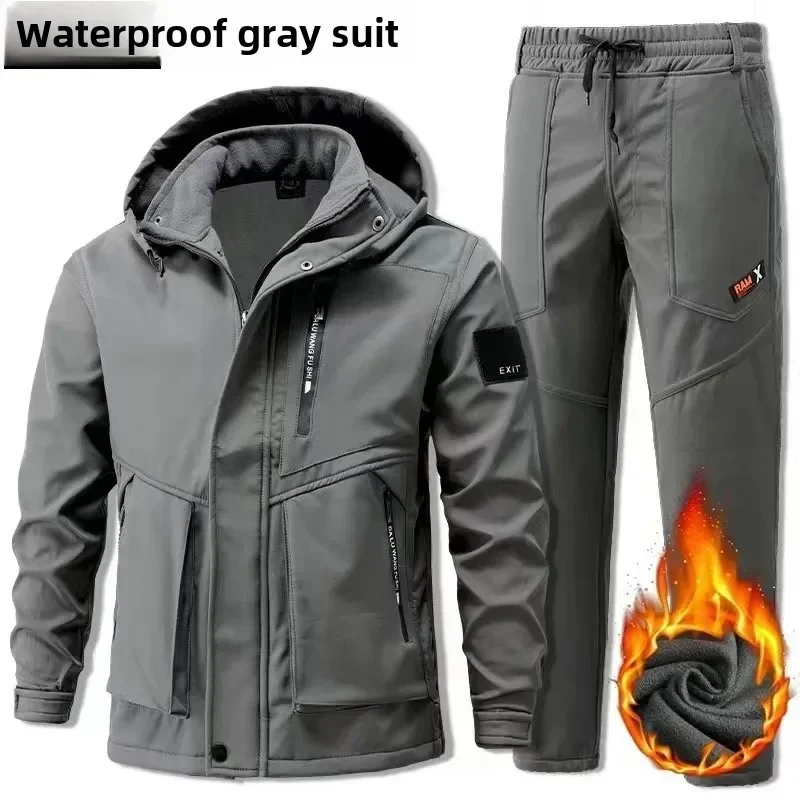 Windproof Waterproof Thermal Workwear Men's Overalls Winter Fleece-Lined and Thickened Casual Western Suit For Outdoor Jobs