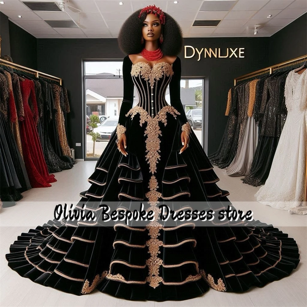 Exceptional Black Tiered Ruffles Train Evening Dresses Long Sleeves Applique African Ball Gown Party Dress Women 2025 Customized