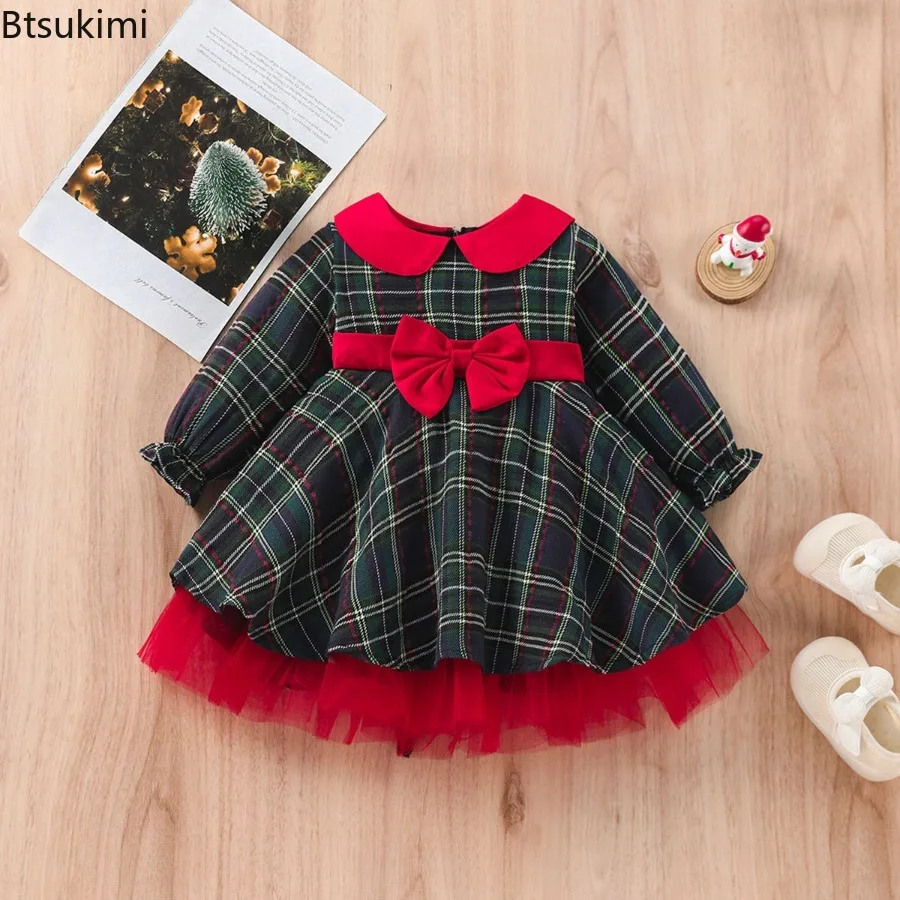 2026 Christmas Girl's Red Dress Kid Toddler Girl Plaid Bow Tulle Party Dresses Children Spring and Autumn New Year Xmas Costumes