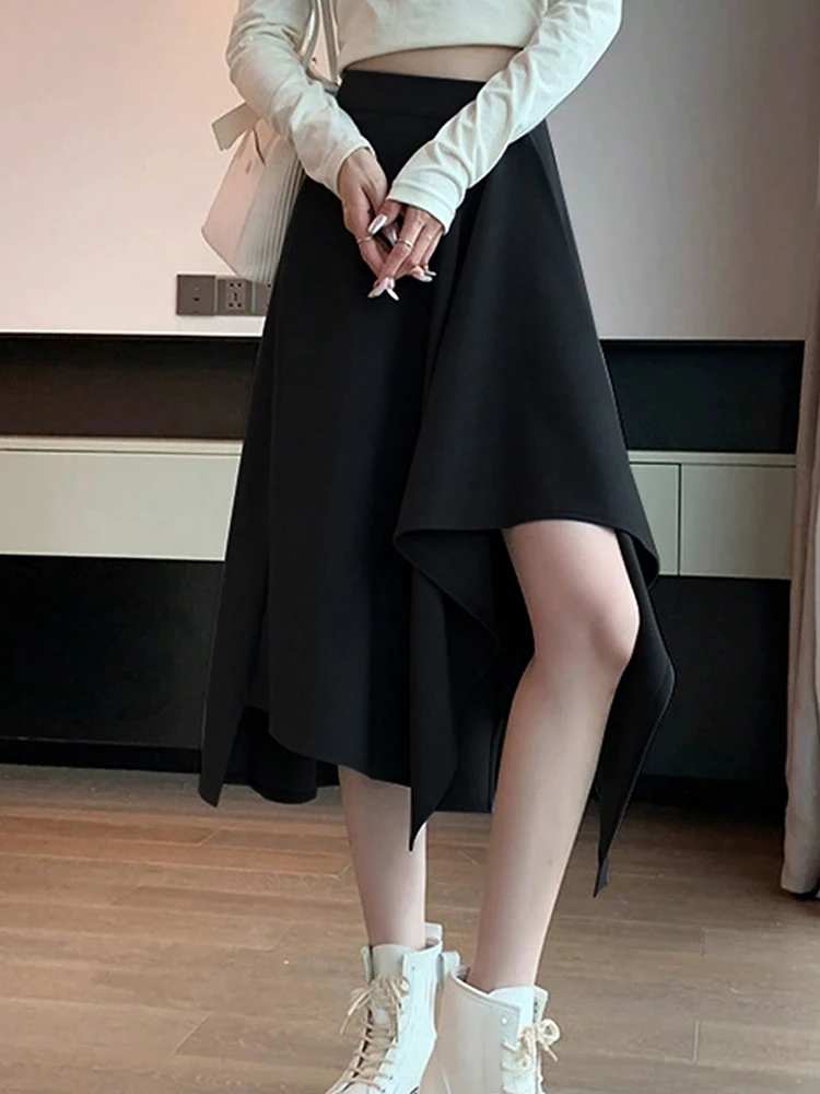 أنيق الصلبة الأسود غير النظامية التنانير للنساء Preppy المدرسة نمط عالية الخصر ألف خط تنورة طويلة ملابس امرأة التنانير النسائية