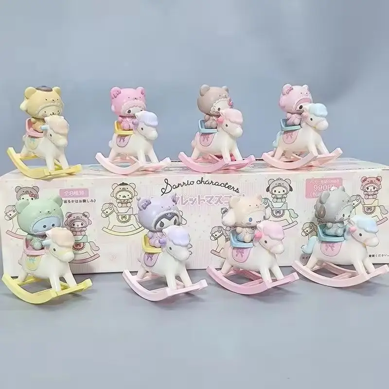

New 8pcs Action Figures Hello Kitty Cartoon Latte Teddy Bear Rocking Horse Tabletop Ornament Kuromi Jade Dog Exquisite Gift