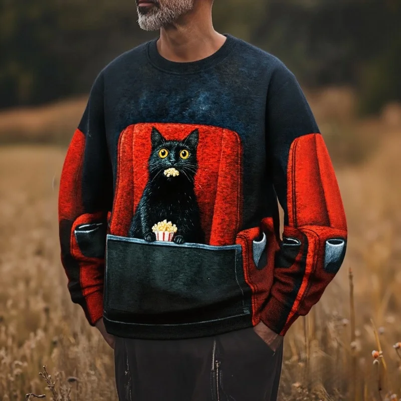 

Men's Casual Sweatshirt Vintage Cat Eating Popcorn And Watching Horror Movie Art Print Halloween Pullover Oversized Man Tunics