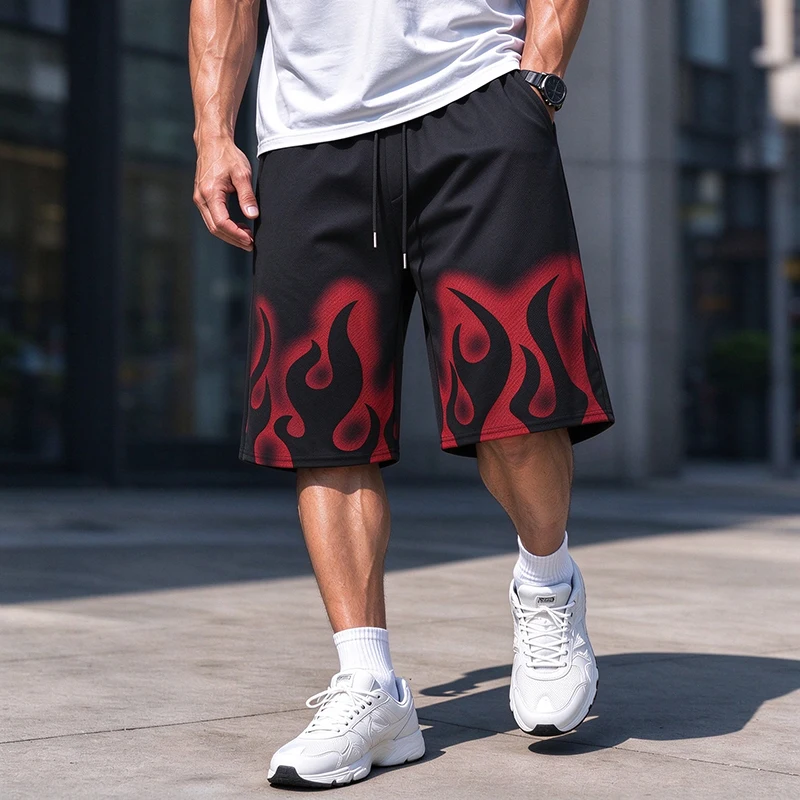 2 Pcs Men's Flame Print Mesh Shorts, Loose Fit Drawstring Knee Length Casual Summer Wear for Workout Daily Wear Streetwear