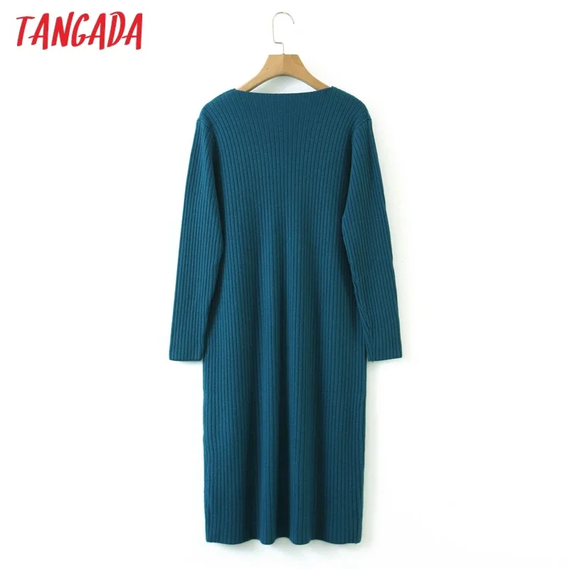 Tangada 2022 Fashion Women Solid Elegant Sweater Dress Loose Long Sleeve V Neck Ladies Warm Midi Dress QB234