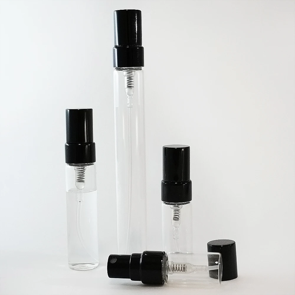 20/30/50/100 Uds 2ml 3ml 5ml 10ml Mini botella de Perfume de vidrio viales de muestra botella vacía con pulverizador transparente con pulverizador de aluminio negro