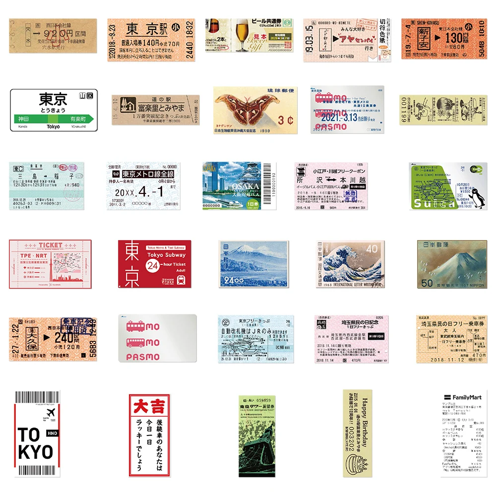 60PCS INS Style Stamp Sticker Japanese Postcard Ticket  Stationery Travel Diary Luggage Waterproof Helmet  Stickers