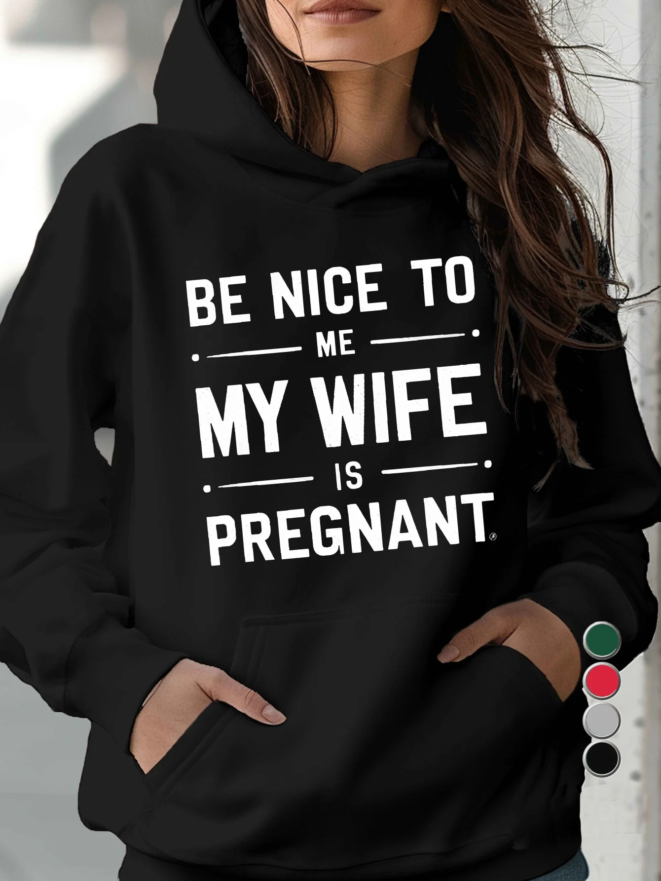 

BE NICE TO ME Lady Casual Hoodie "My Wife is Pregnant" Print, Geometric Pattern Pullover, Loose Fit Style