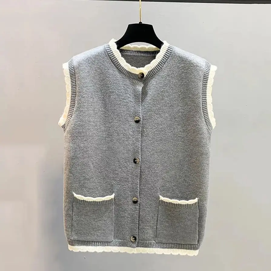 

Черный вязаный жилет, женская весенне-осенняя верхняя одежда, Новое поступление, однобортный кардиган без рукавов во французском стиле, свитер, жилет