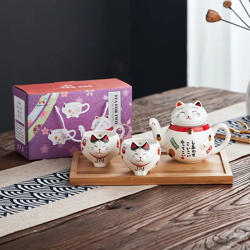 Cute Cat Teaware Series Sets Lucky Cat Tea Pot With 2 Tea Cups Sets Jingdezhen Porcelain Fortune Cat  Tea Service