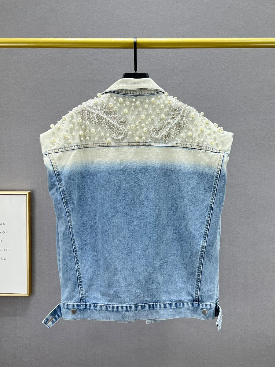 TWOTWINSTYLE Colorblock Loose Spliced Single Breasted Vest for Women Lapel Sleeveless Patchwork Pearl Top Female Clothing New