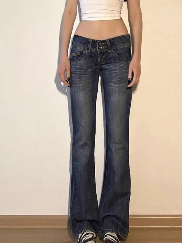 

Flare Jeans for Women Low Waist Streetwear Trousers Skinny Stretch Washed Pocket 2025 Y2k Mom Jeans Vintage Denim Pants