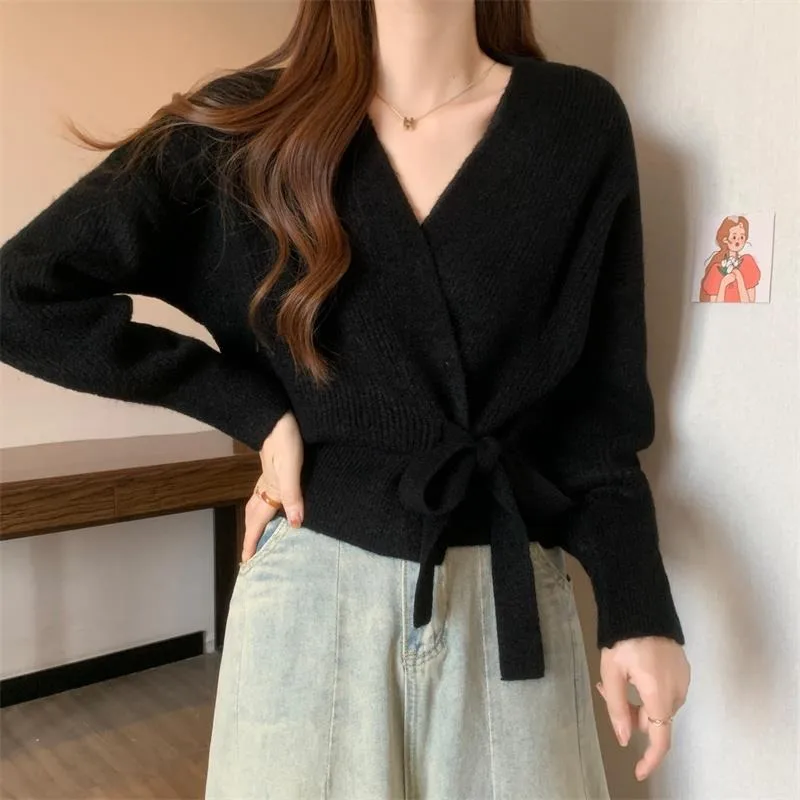 Cross Irregular Tie Up Waist Slimming Sweater Cardigan Women\'s Spring Autumn Winter Unique Loose Knitted Shirt