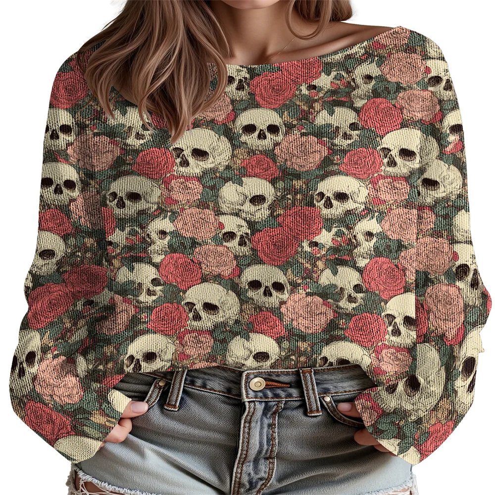 

Halloween Merch Skull Print Knitted Jumpers Women's Sweater Long Sleeve Streetwear Trendy Pullover Tops 6